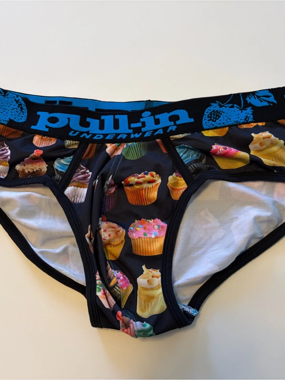 Men’s Black Cupcake Print Briefs with Blue Waistband